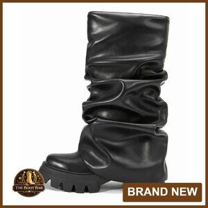 Platform Heel Pull-On Vegan Boots Mid Calf Slouchy Chunky Block Heel